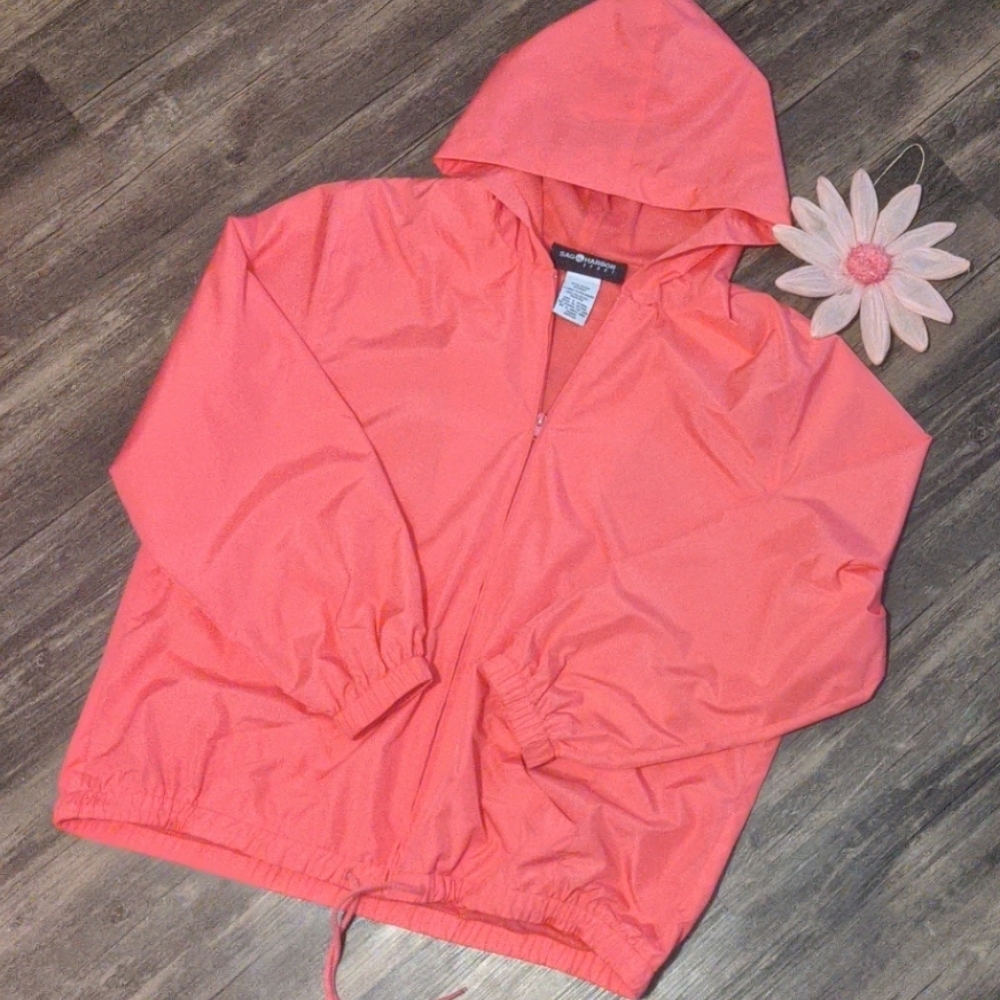 Women's hooded Coral drawstring waist windbreaker